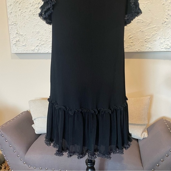 See by Chloe Polka Dot Ruffle Plissé Georgette Shift Dress Black Sz EU 34 US 0-2 - Picture 7 of 12